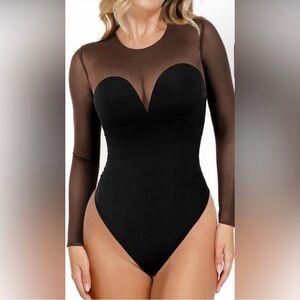Black Popilush Shapewear Illusion Mesh Long Sleeve Tummy Control Bodysuit Small